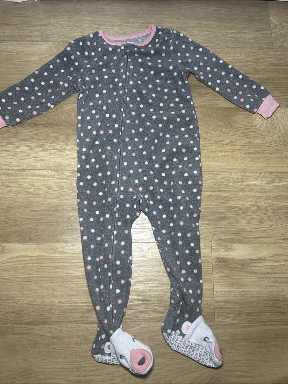 Carter's Gray Footed One-Piece with Pink & White Polka Dots